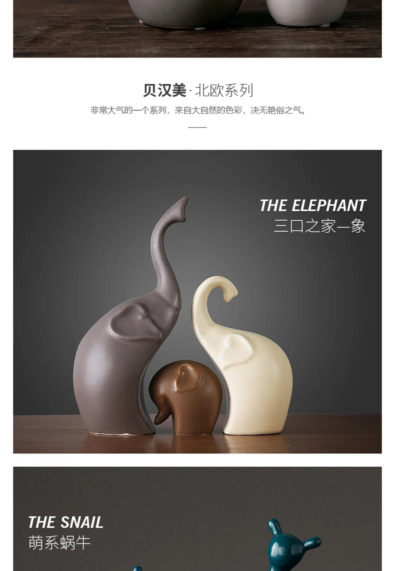 北欧風陶器動物置物 磁器製インスタイル装飾品 家庭用キャビネット工芸品 象 猫 鹿 ウサギ カタツムリ ミニチュア