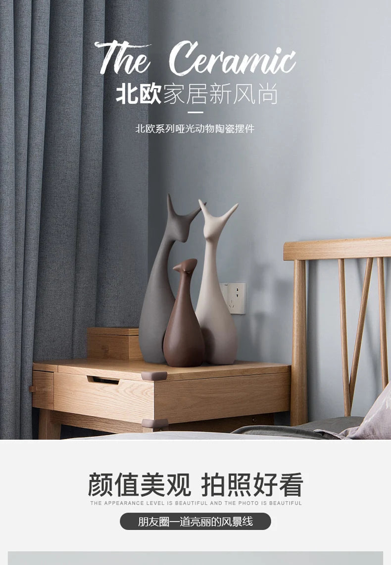 北欧風陶器動物置物 磁器製インスタイル装飾品 家庭用キャビネット工芸品 象 猫 鹿 ウサギ カタツムリ ミニチュア