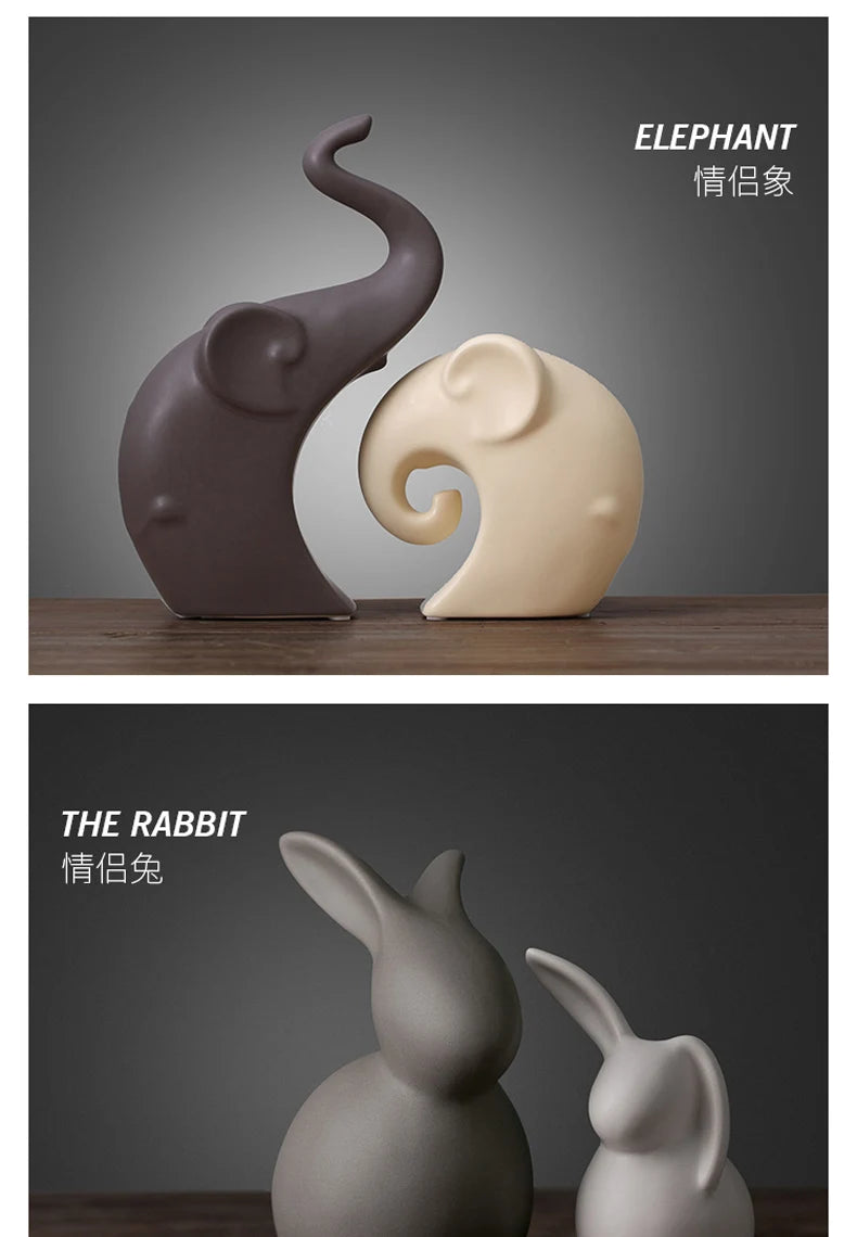 北欧風陶器動物置物 磁器製インスタイル装飾品 家庭用キャビネット工芸品 象 猫 鹿 ウサギ カタツムリ ミニチュア