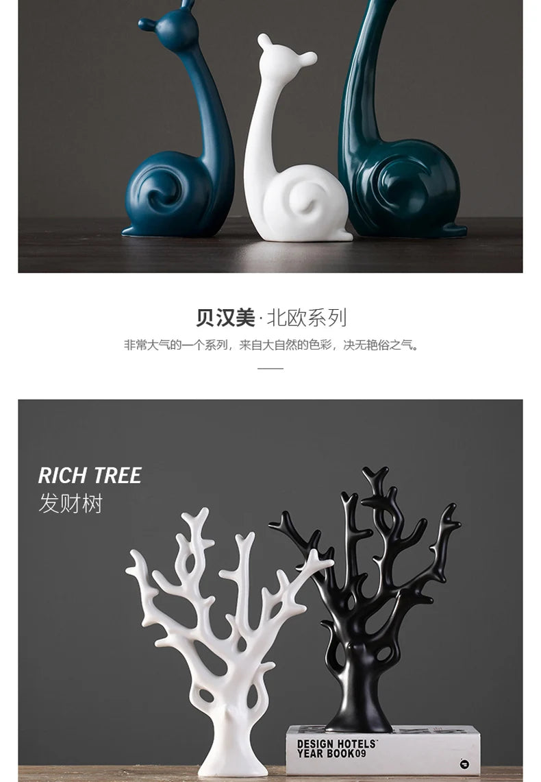 北欧風陶器動物置物 磁器製インスタイル装飾品 家庭用キャビネット工芸品 象 猫 鹿 ウサギ カタツムリ ミニチュア